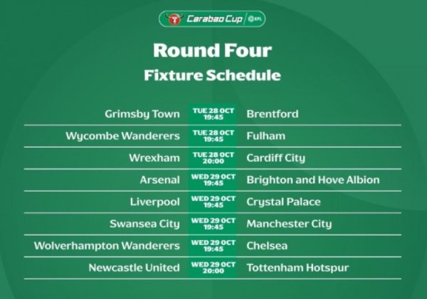 职业联赛 杯第4轮:阿森纳vs布莱顿、利物浦vs水晶宫10月30日3:45进行